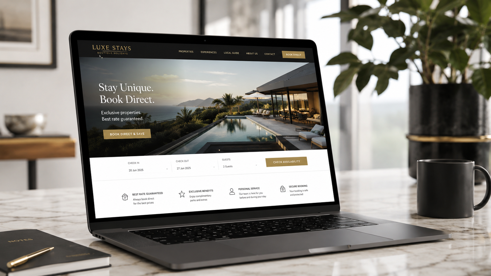 Laptop displaying a luxury holiday rental direct booking website