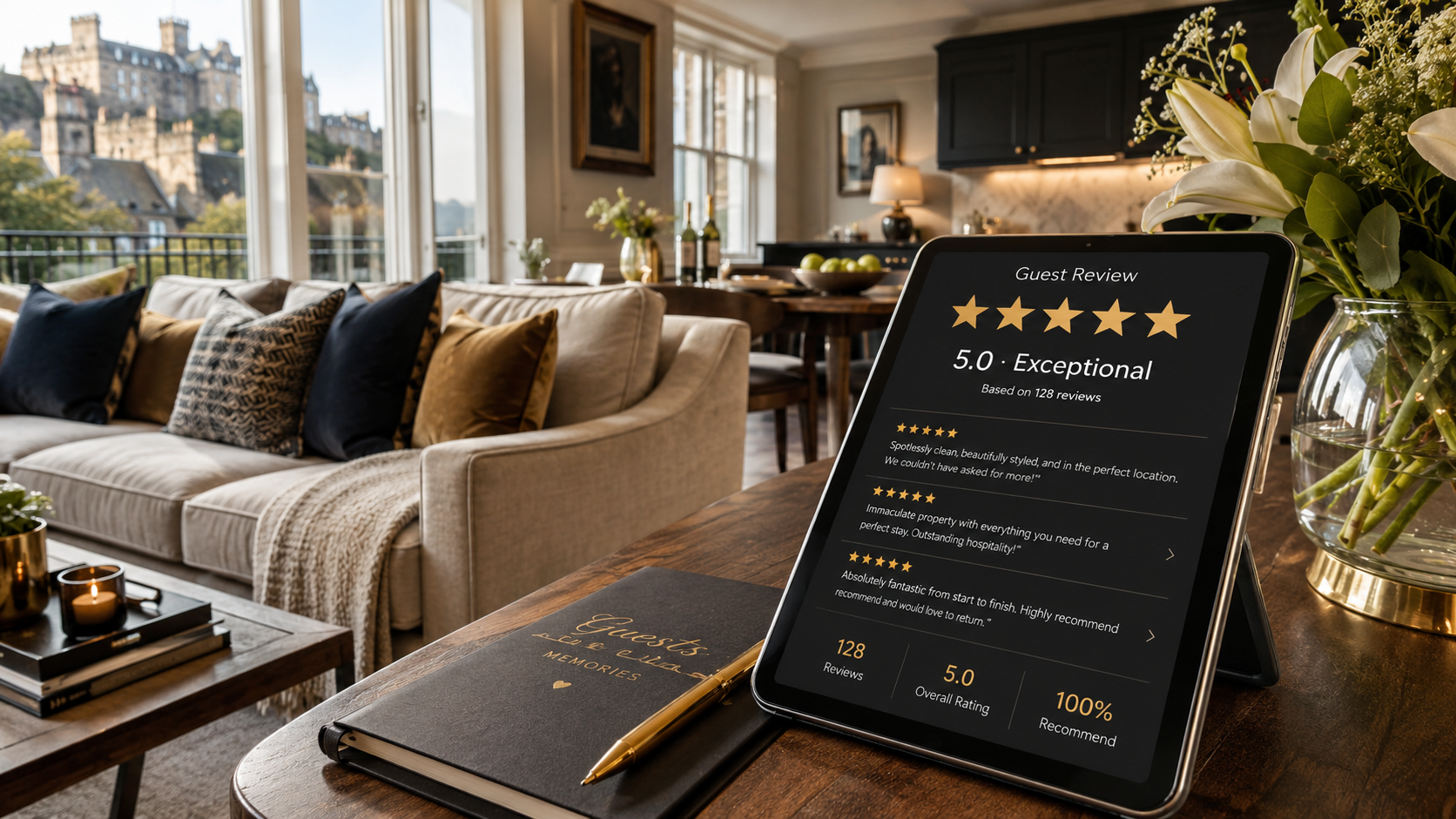 Tablet displaying five-star guest reviews in a luxury Edinburgh apartment