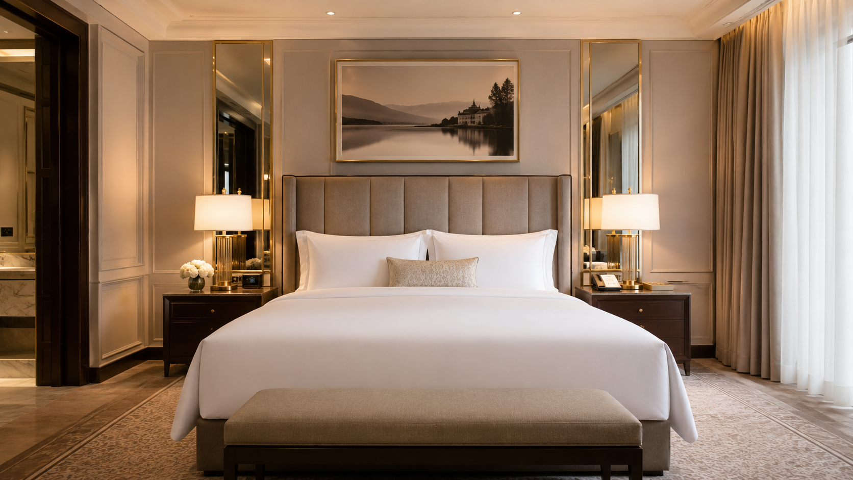 Pristine luxury hotel bedroom with crisp white linen and turndown presentation