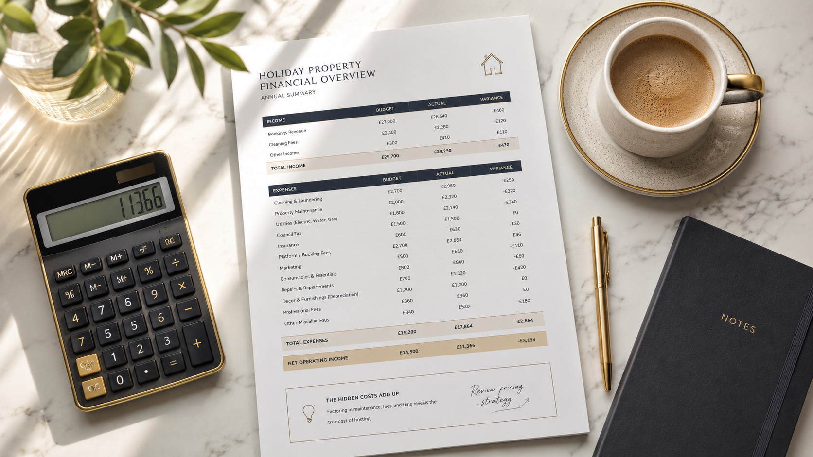 Holiday property financial overview showing budget vs actual income and expenses with a calculator and coffee