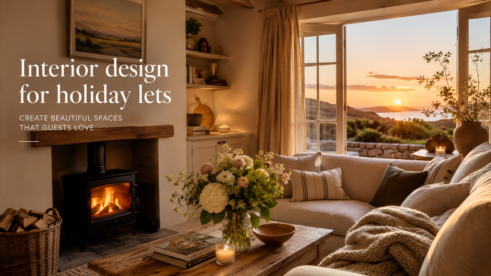 Cosy holiday let interior with lit wood-burning stove, linen sofa, fresh flowers and sunset sea view