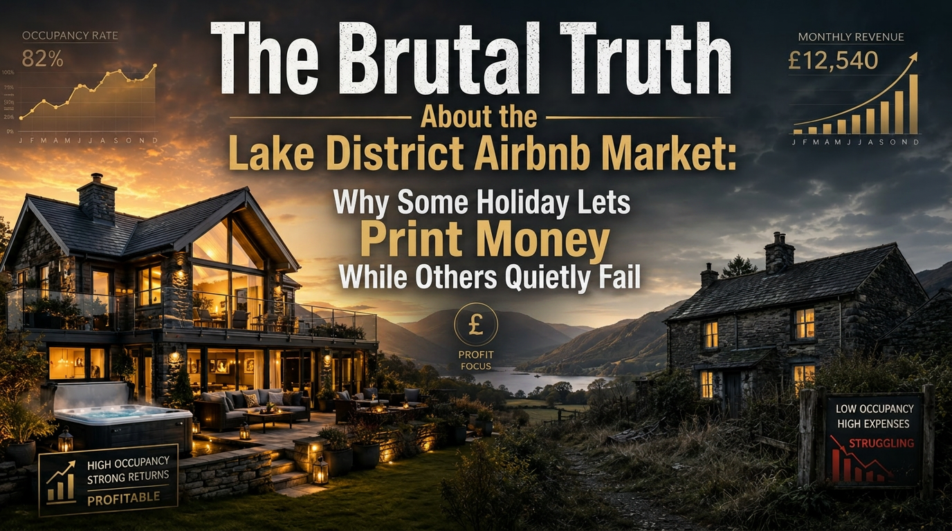 Split image contrasting a luxury fully-booked Lake District Airbnb with a tired outdated cottage with no bookings