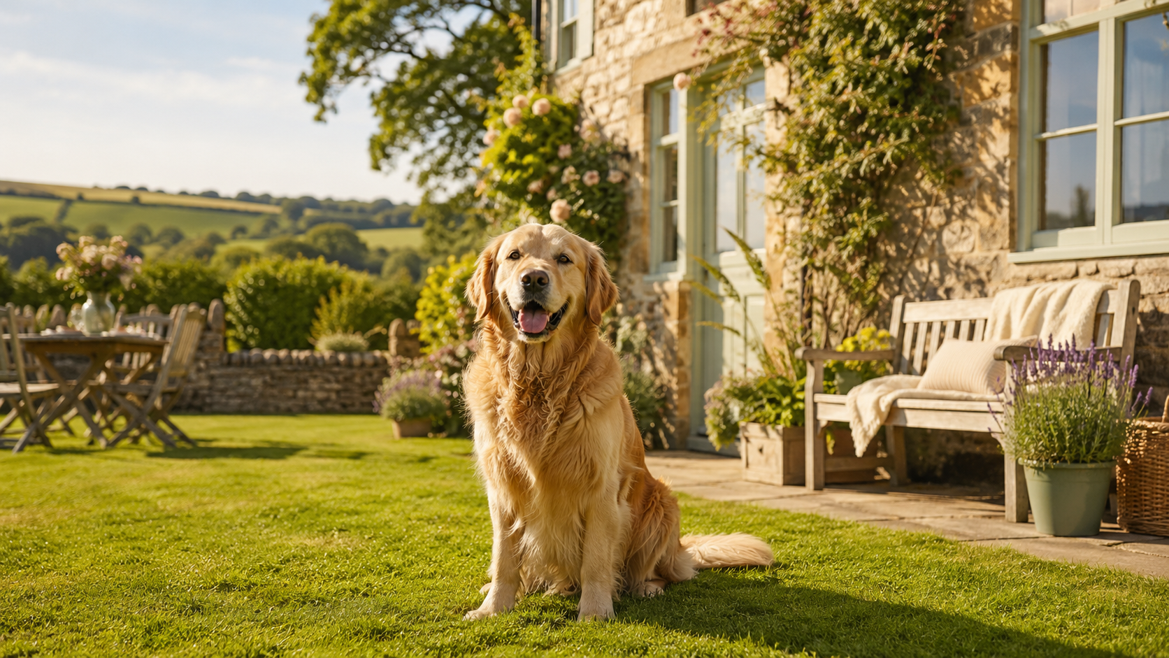 Golden retriever sitting in the garden of a pet-friendly country holiday cottage