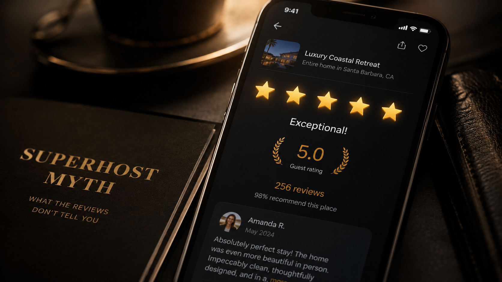 Phone showing a 5-star Airbnb listing with 256 reviews next to a Superhost Myth booklet