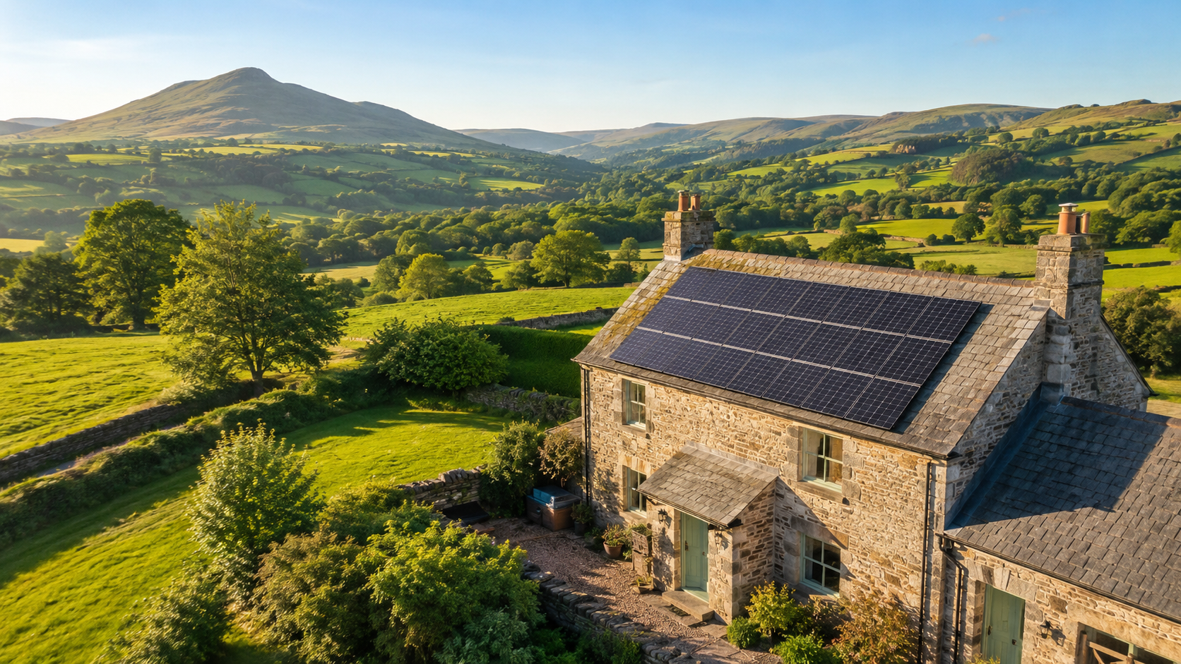 Stone country cottage with rooftop solar panels overlooking green hills